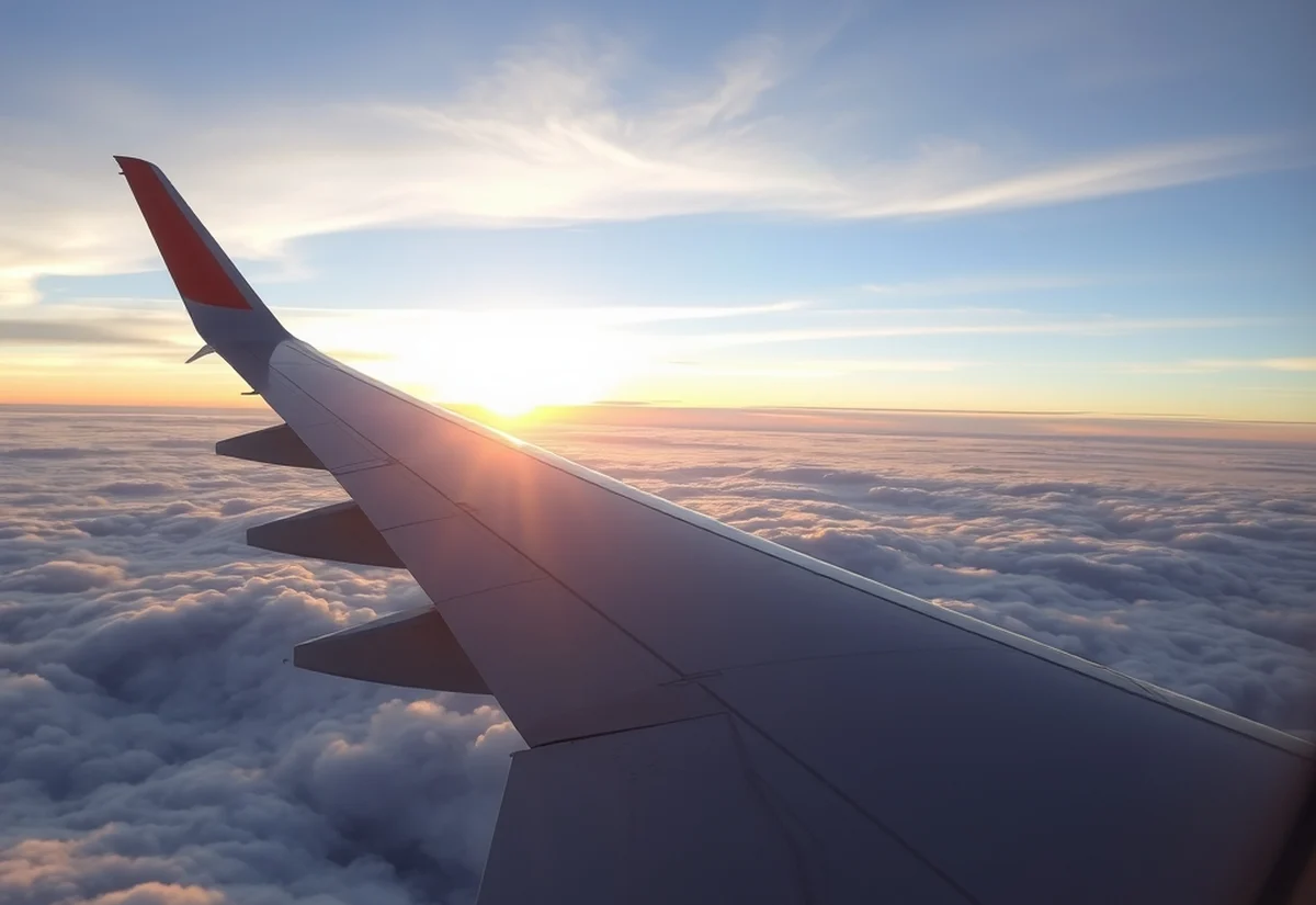 Aeroplane wing above the clouds An aeroplane wing above clouds at sunrise seen through a window