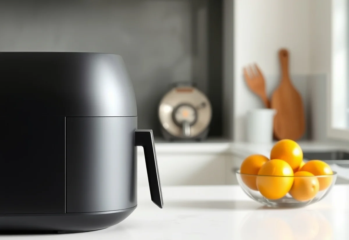 A matte black air fryer and a bowl of oranges on a bright white kitchen bench