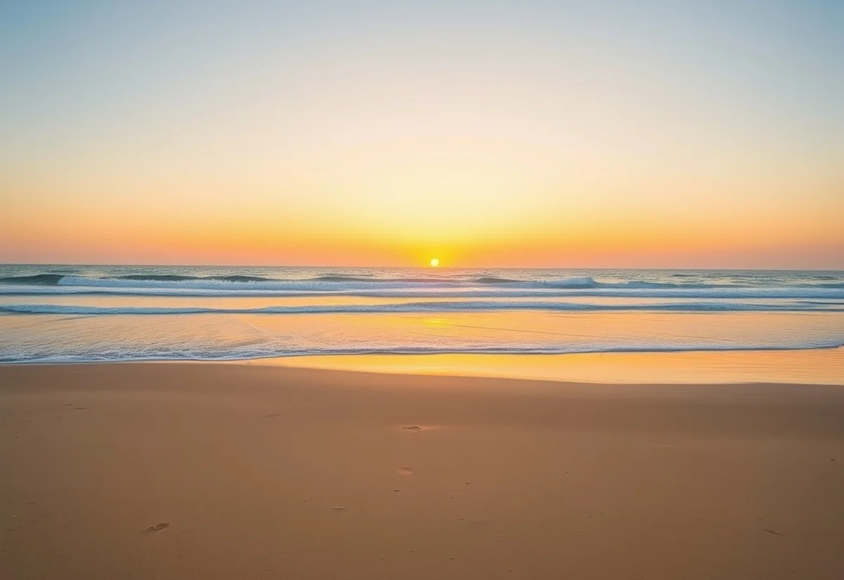 Beach at sunrise A calm beach at sunrise with golden sand and gentle waves