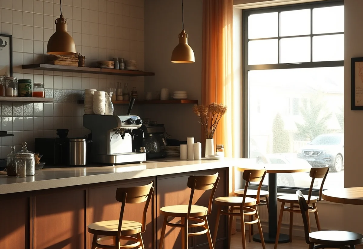 A cafe counter with a coffee machine and empty stools in morning light