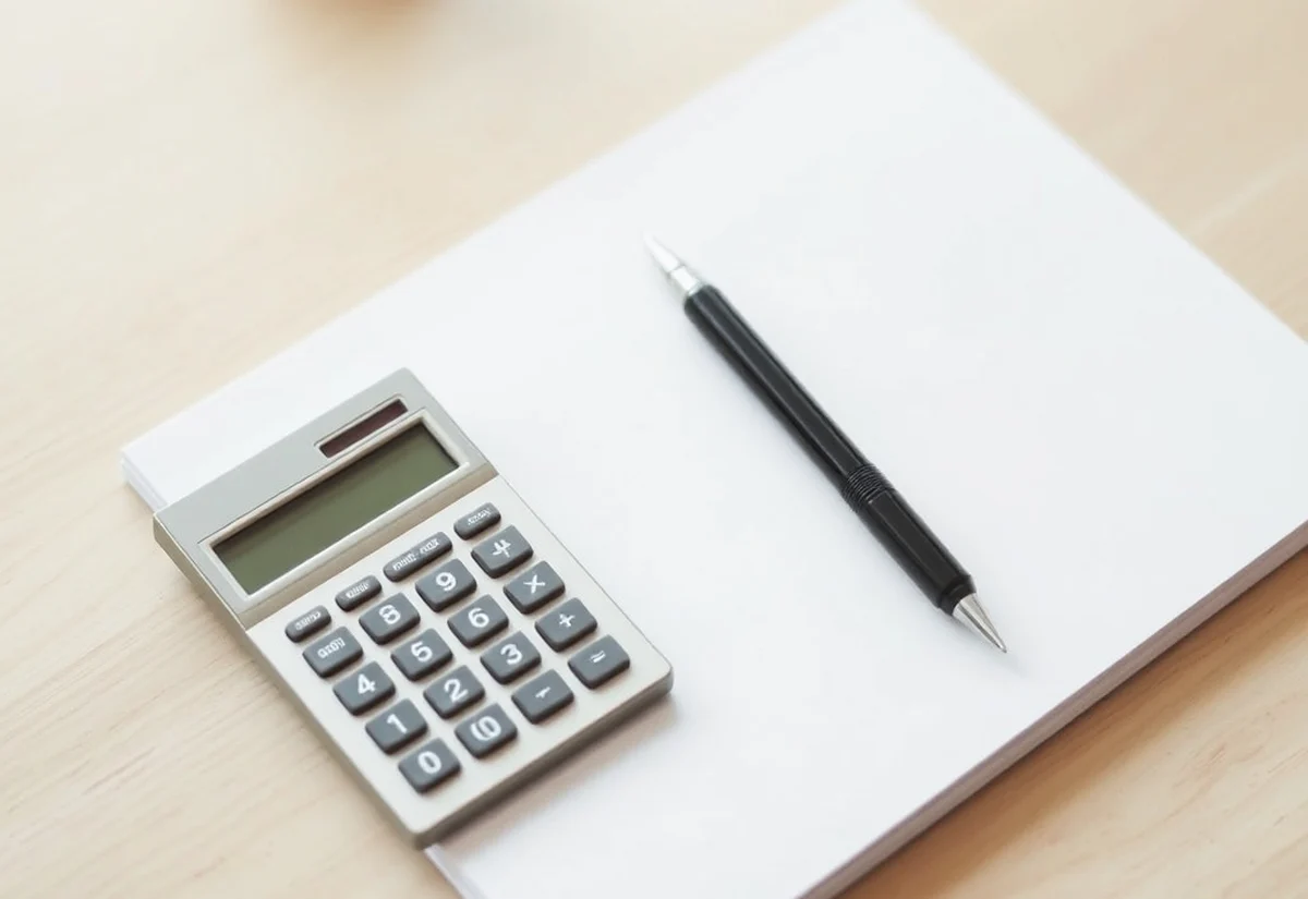 Calculator and notepad A calculator and pen on a notepad on a wooden table