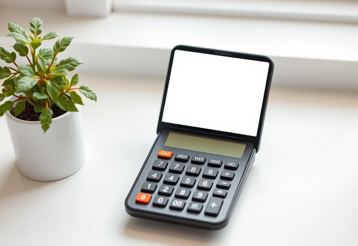 Calculator on a clean desk A handheld calculator on a clean desk beside a small plant