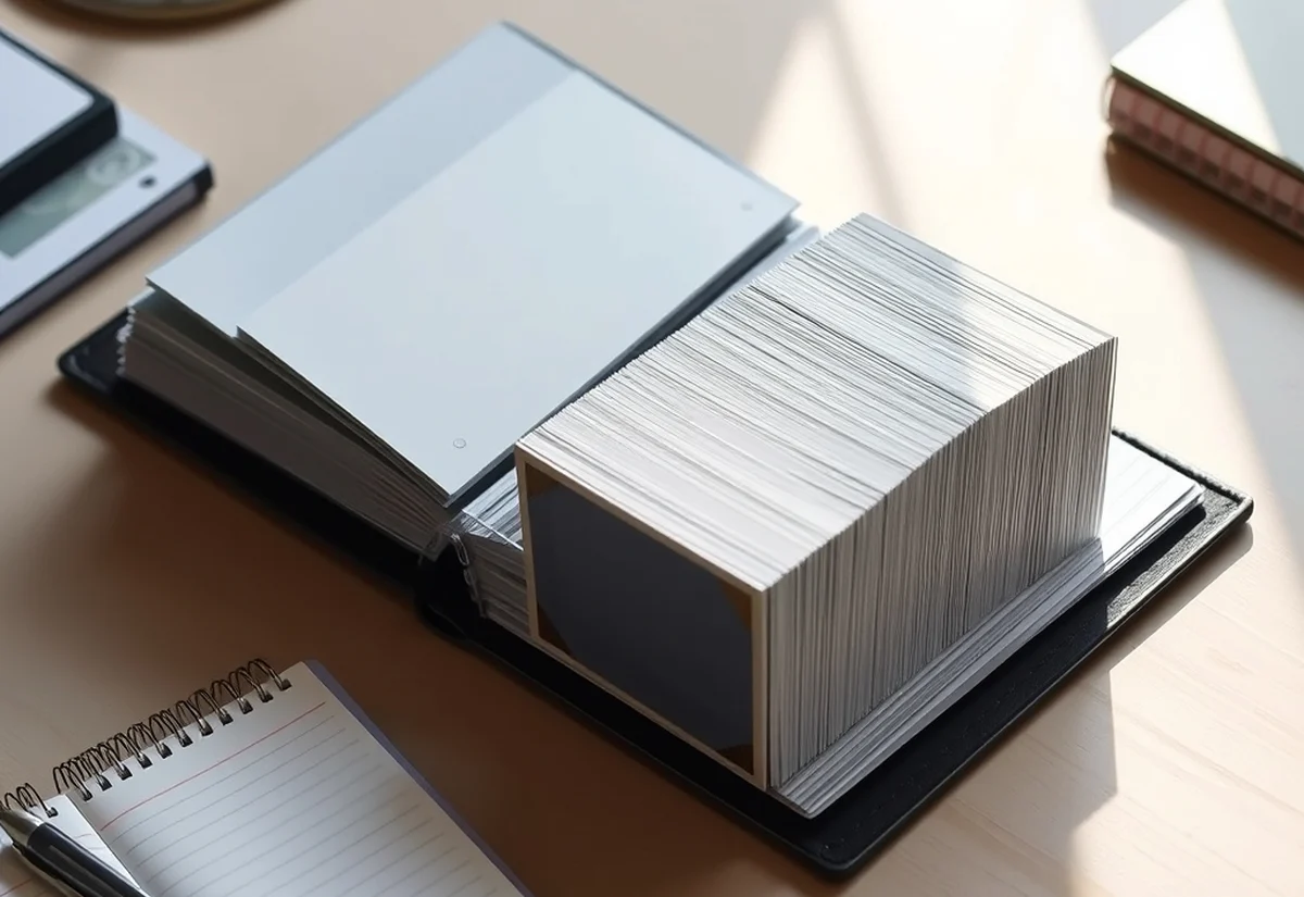 Card binder on a desk An open card binder with sleeves on a tidy desk