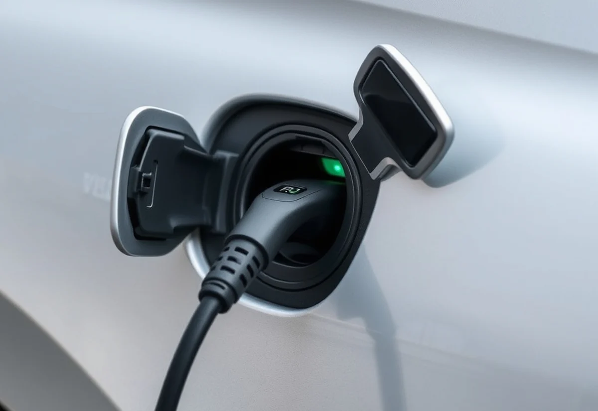 Charging plug on a silver car A charging plug connected to the charge port of a silver car