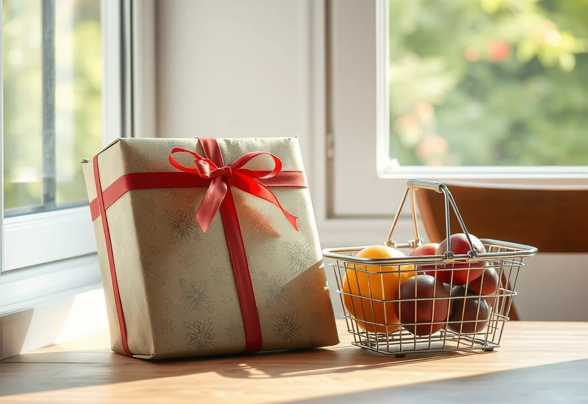 Christmas shopping in summer A wrapped present and a basket of fruit on a wooden table by a sunny window