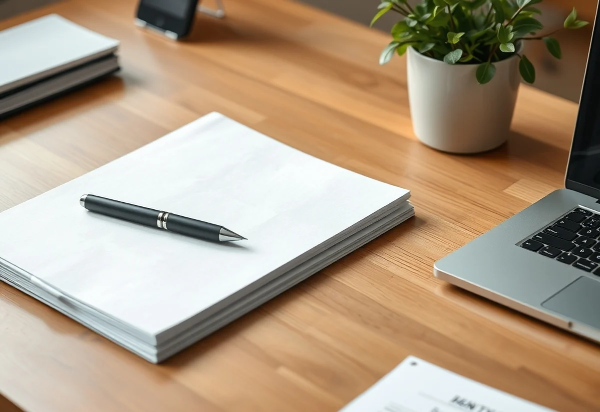 Desk with folder and plant A tidy wooden desk with a folder of papers, a pen and a small plant