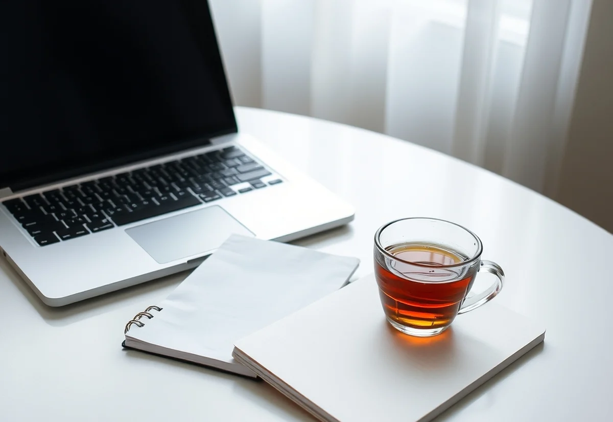 Desk with notebook and tea A tidy desk with a closed laptop, notebook, pen and a cup of tea