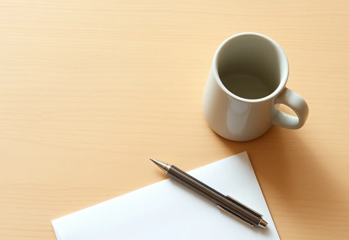 Envelope and pen on a table A pen on a sheet of blank paper beside a mug on a wooden table
