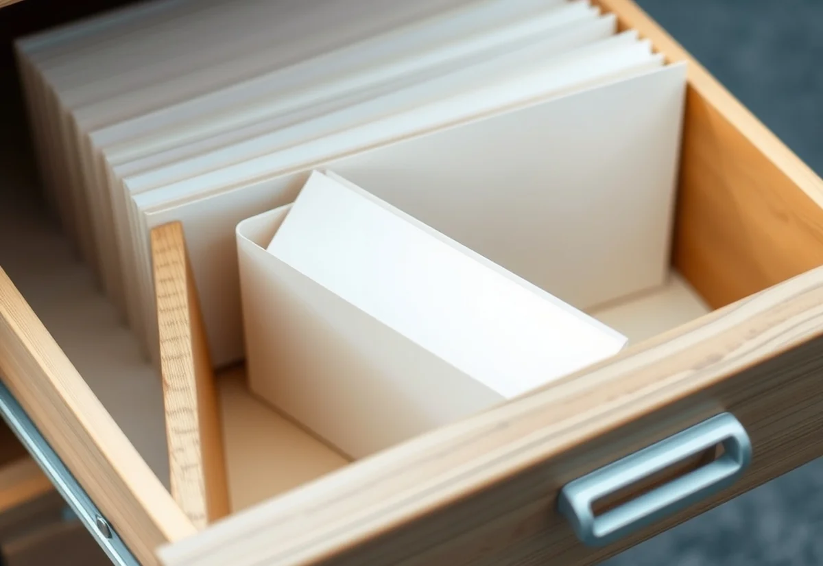 A partly open wooden filing cabinet drawer with blank folders