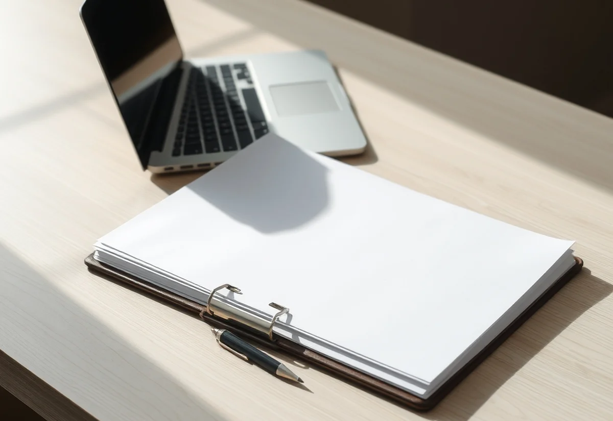 Laptop and folder on a desk A closed laptop and a folder of papers on a wooden desk