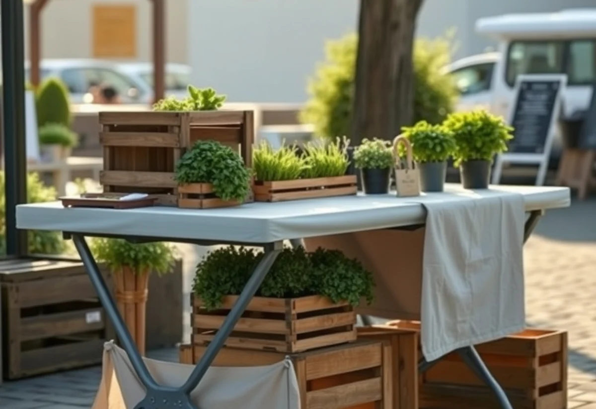 Market stall table A market stall table with wooden crates and potted herbs