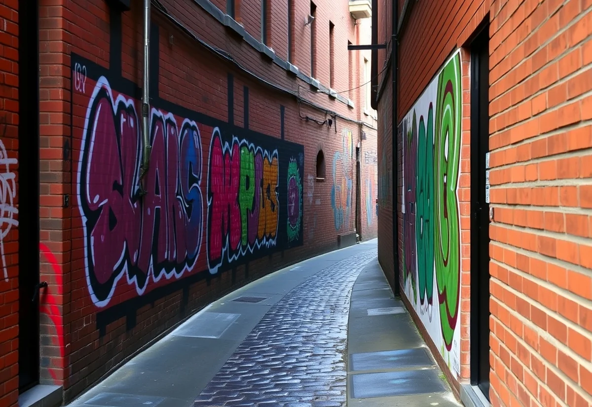 Melbourne laneway street art A narrow Melbourne laneway with red brick walls and colourful abstract street art