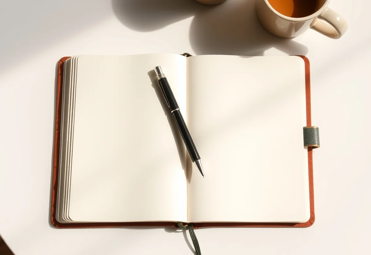 Notebook and pen on a table An open blank notebook and a pen with two coffee cups on a table