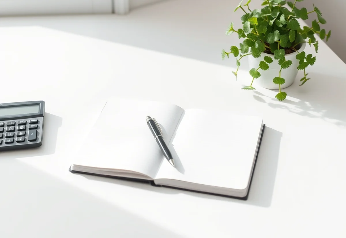 A closed notebook, pen and small plant on a plain white desk