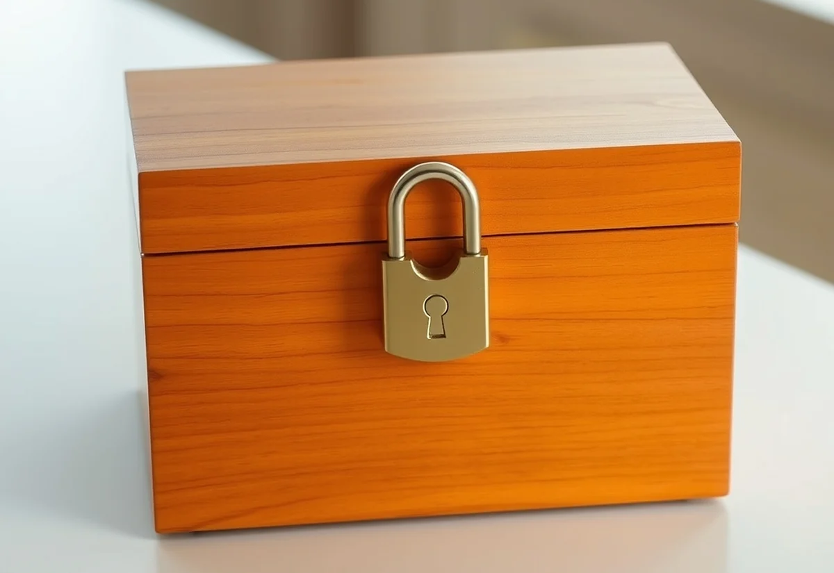 Padlocked box A closed wooden box with a brass padlock on a light table