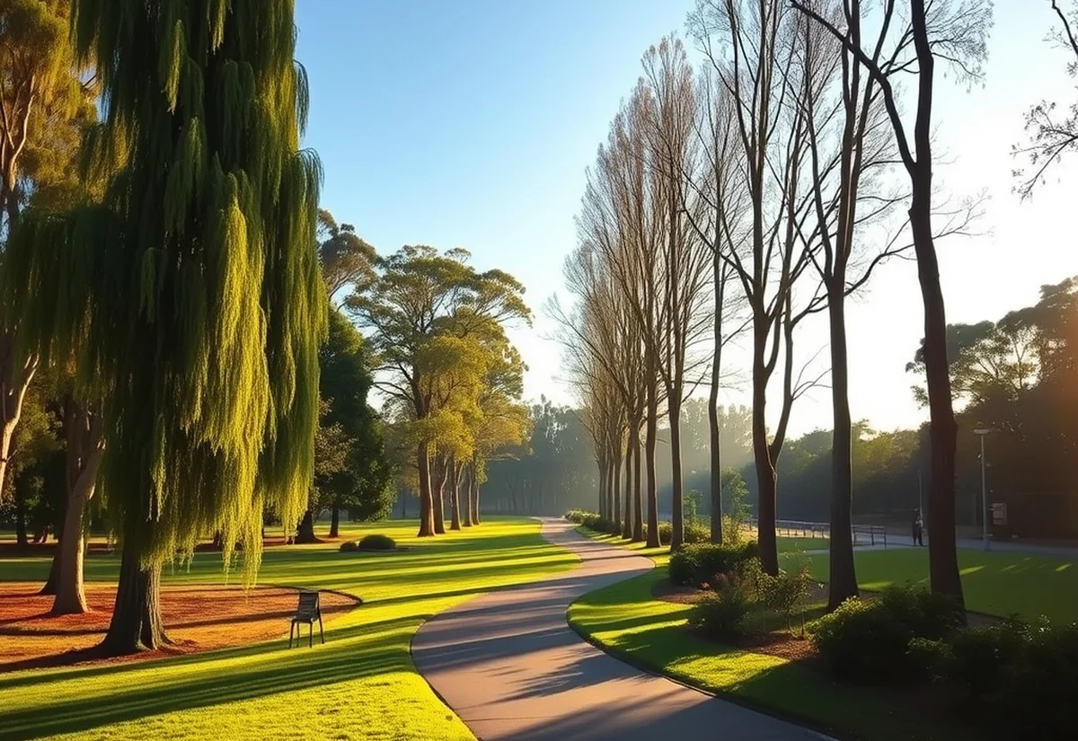 Park path in the morning A winding path through a sunny park with tall gum trees