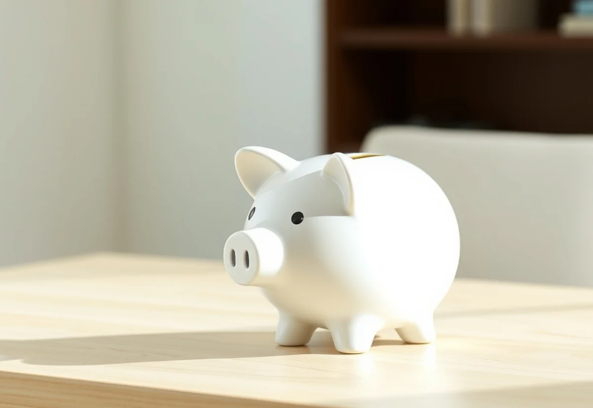 Piggy bank on a wooden table A white ceramic piggy bank on a light wooden table
