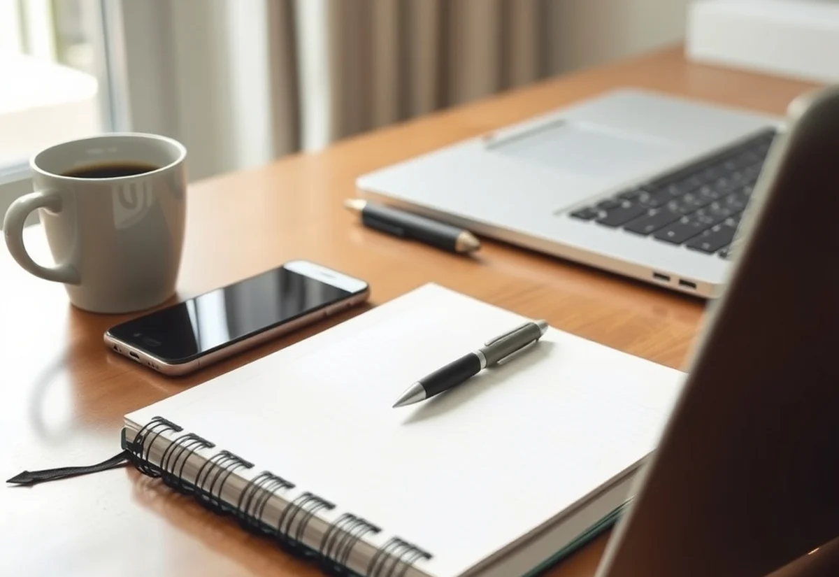 A tidy desk with a notebook, pen, smartphone and laptop ready for planning purchases