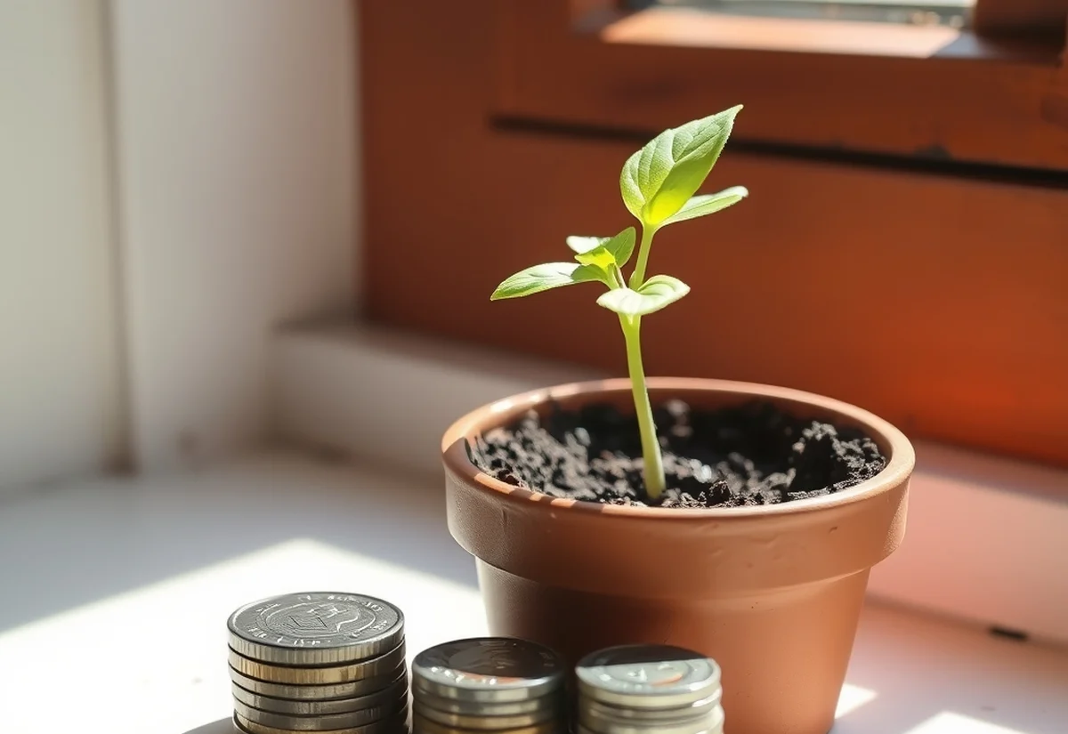 Seedling and coins A seedling in a pot beside a stack of coins on a windowsill