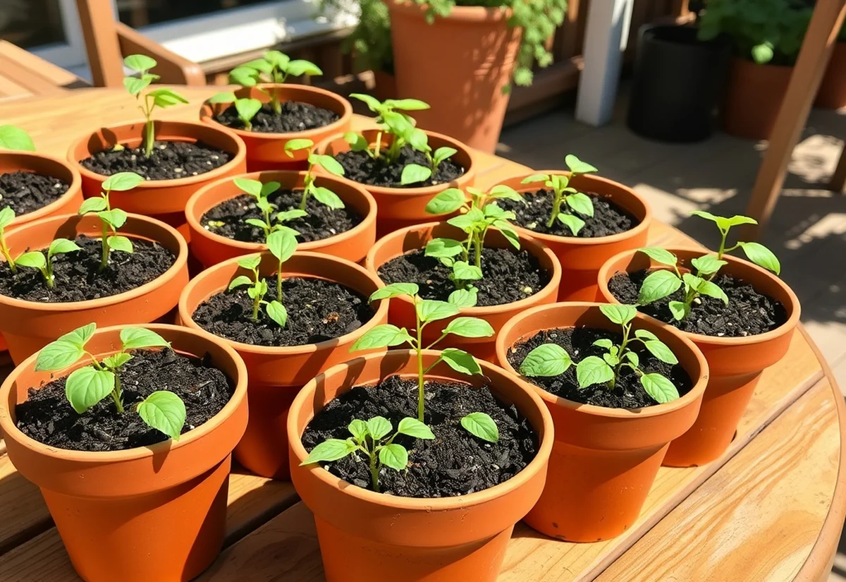 Seedlings on a patio table Terracotta pots with young green seedlings on a sunny patio table