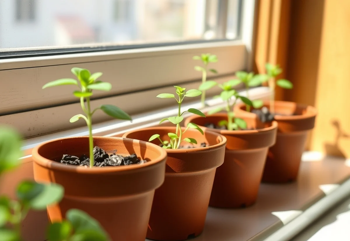 Seedlings on a windowsill Three small potted seedlings on a sunny windowsill