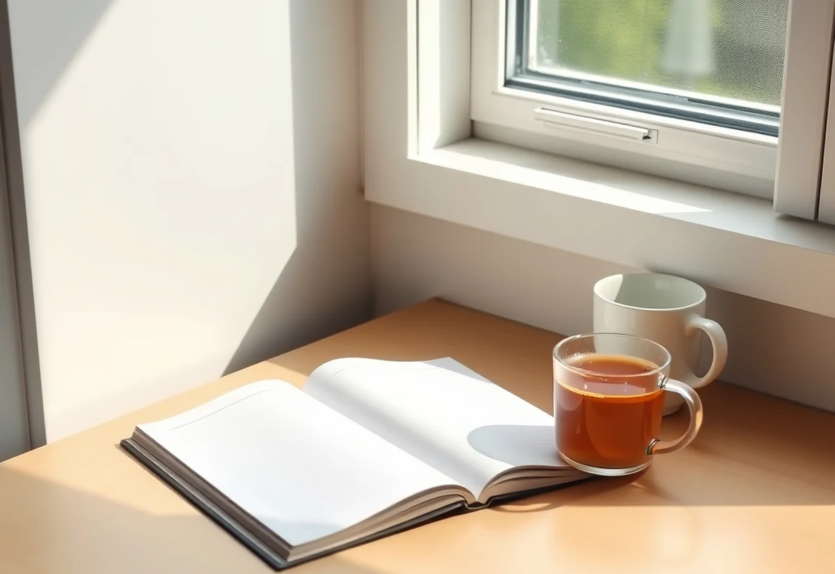 Study desk with notebook A tidy study desk with an open notebook, pencil and mug beside a window