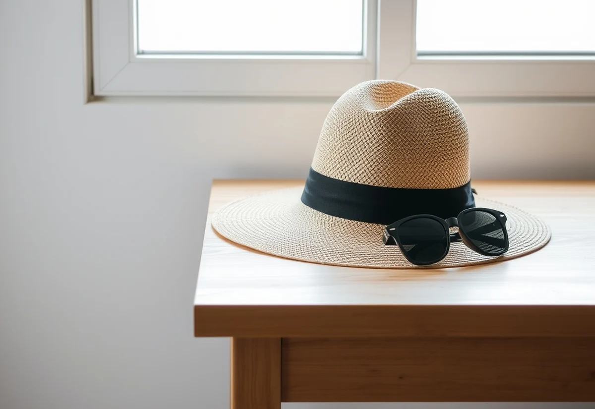 Sunhat and sunglasses ready for a trip A straw sunhat and sunglasses on a wooden table beside a window