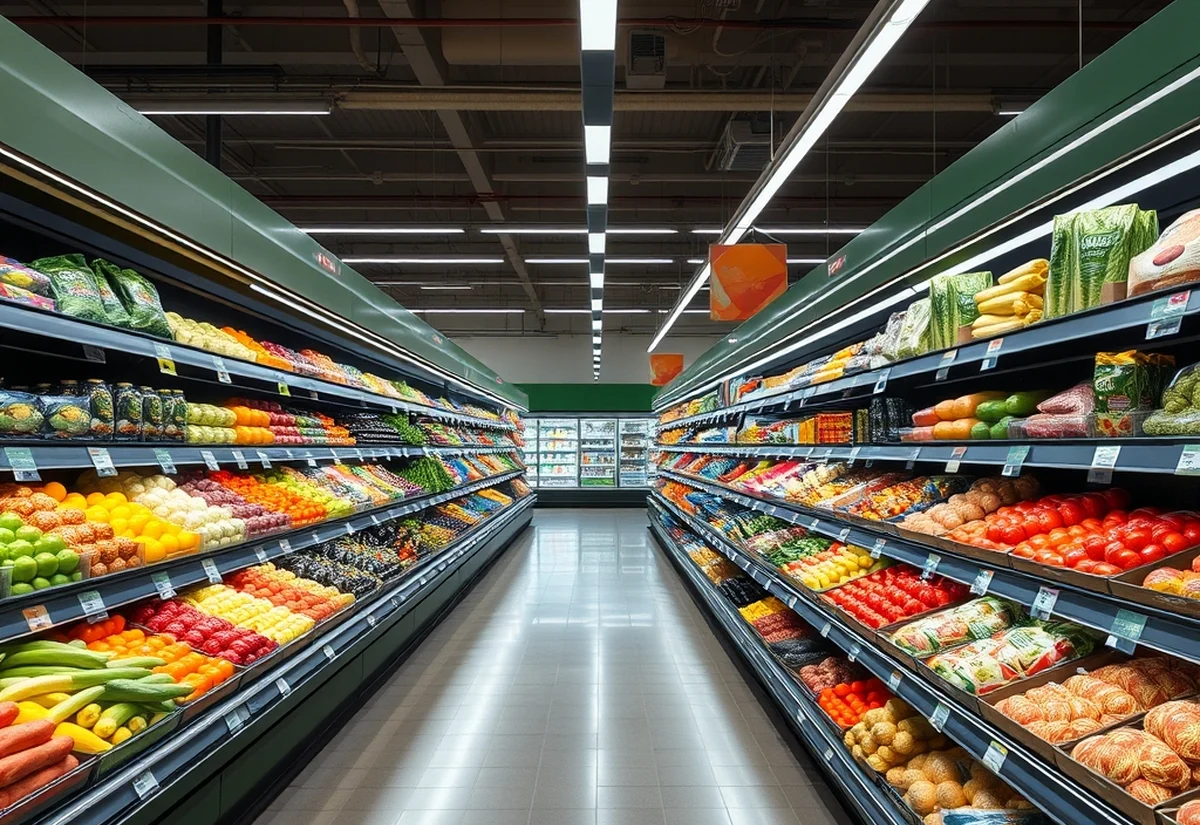 Supermarket aisle before Christmas An empty supermarket produce aisle with stocked shelves