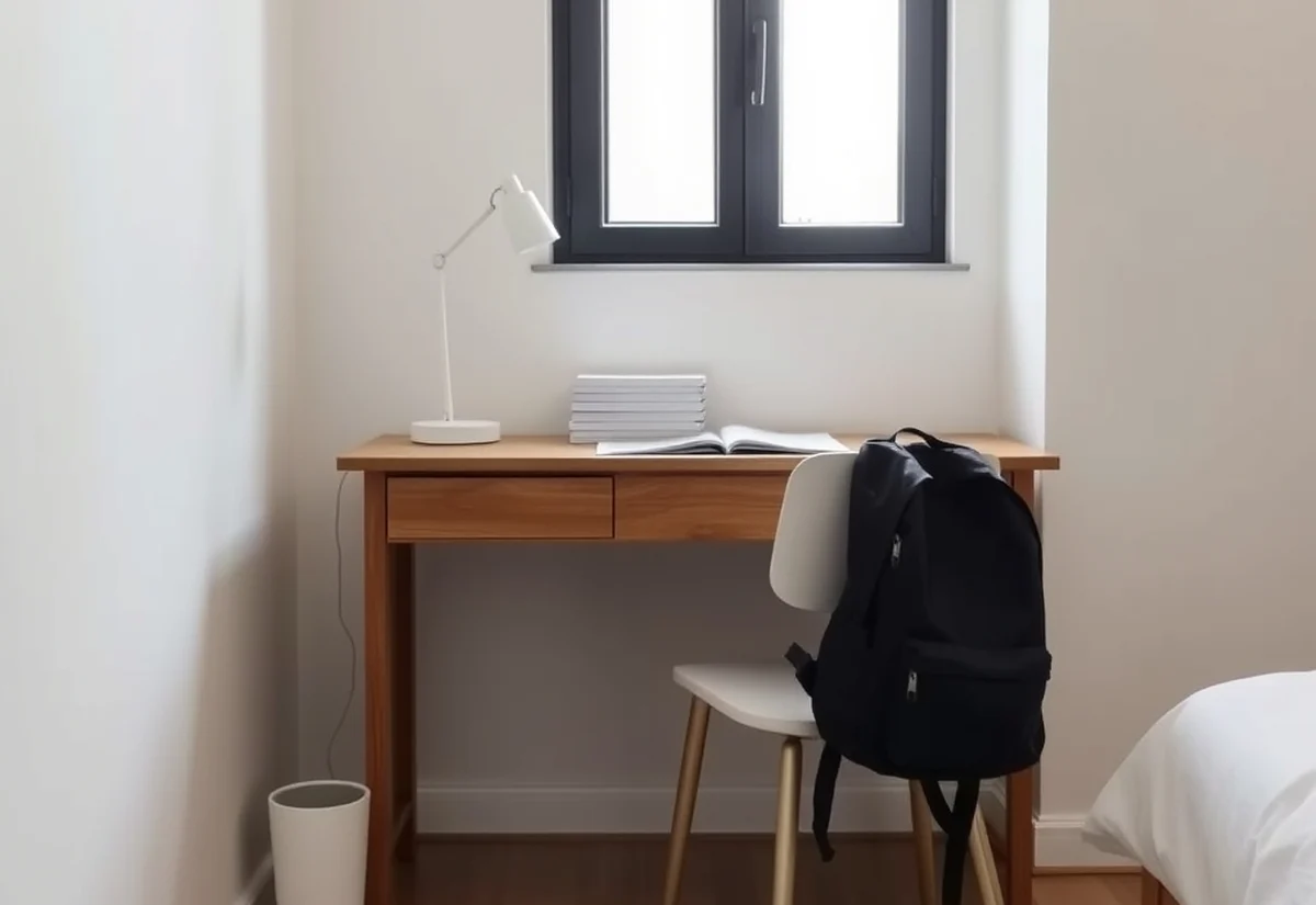 A tidy student desk with a lamp, notebooks and a backpack in a small bedroom