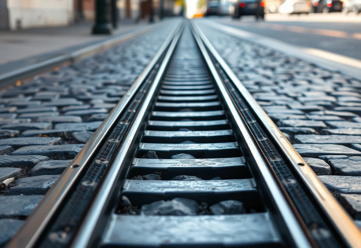 Tram tracks in bluestone Close-up of steel tram tracks set into bluestone cobbles on a Melbourne street