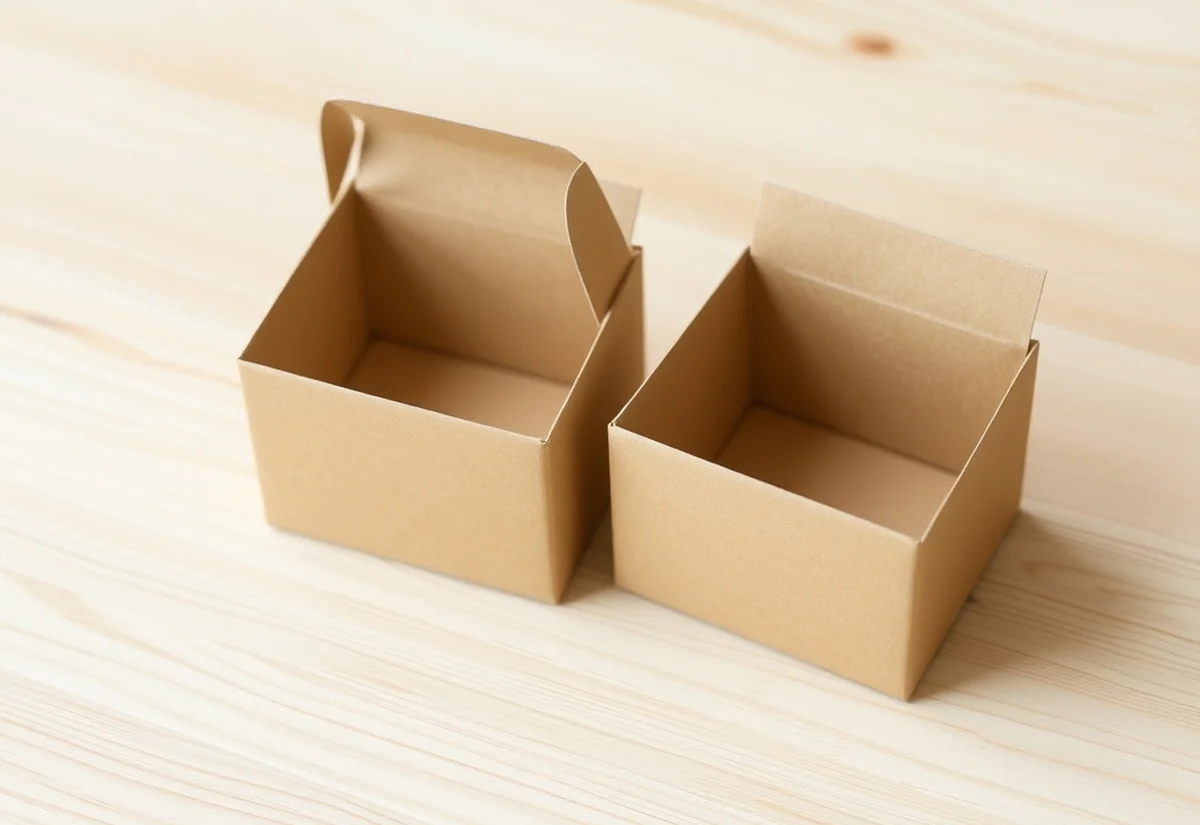 Two small paper boxes Two small plain paper boxes on a light wooden table