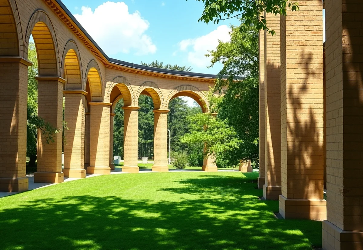 University campus arcade A sandstone university arcade with arches and a green lawn